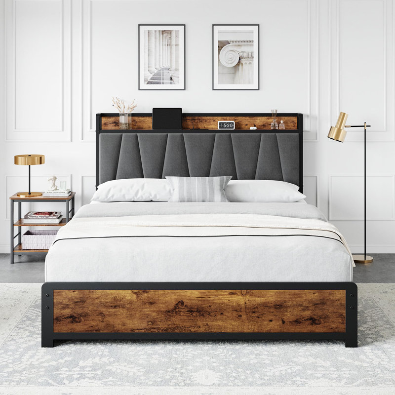 Bed Frame With Storage Linen Upholstered Headboard, 4 Drawers Platform Bed Frame, Lit double