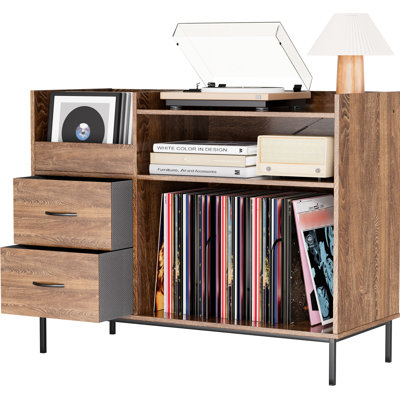Media Console Adjustable Shelves Holds 350+ Vinyls Speaker Shelf 2 Drawers Record Player Stand 27.6" Turntable Tv Bedroom With Mid - Century