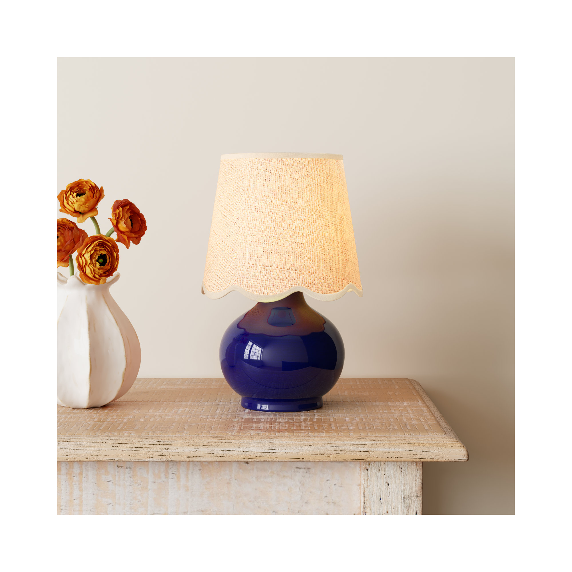 Momsen Scallop Shade Lamp, 13"" H x 8"" W x 8"" D, Natural, Navy