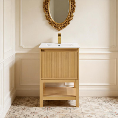 20 Inch Solid Wood Pre-Assembled Bathroom Vanity With Adjustable Shelf, Ash Wood, Compact And Stylish Design