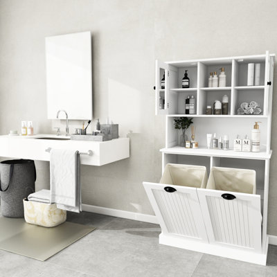 Laundry Basket Cabinet In White - Space Saving Design With Two Compartments And Practical For
