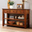 Console 48,27 po en pin, 3 tiroirs, 2 tablettes, style américain, pieds robustes, espace multifonctionnel, poignées rétro en métal brun pour vestibule, haute résistance,-133406025-133406026