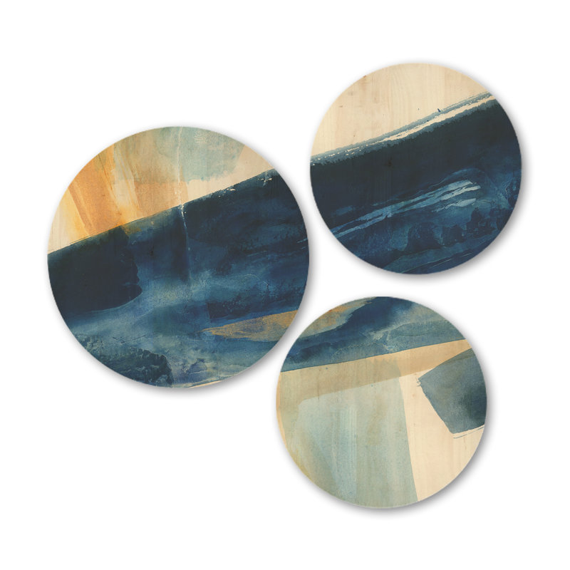 Ensemble d'art mural moderne en bois 3 cercles Designart «Indigo Panel I» Glam