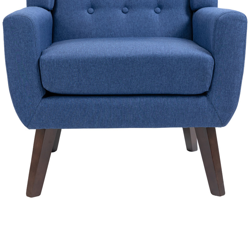 Jaqueze Upholstered Blue Linen Blend Tufted Wide Back Armchair with Solid Wood Legs, Blue Performance Linen Blend