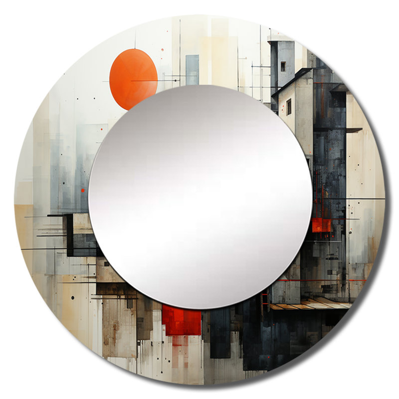Pelia Abstract Architectures II - miroir mural unique à collage abstrait, miroir rond rouge, 23 po x 23 po