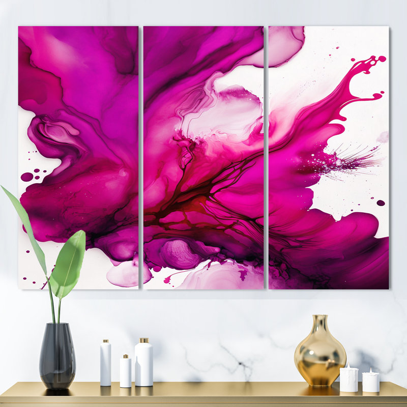 Ancien mystère in Viva Magenta II - ensemble d'art mural abstrait à l'encre liquide, H 32 po x l 48 po x P 1 po, Toile tendue