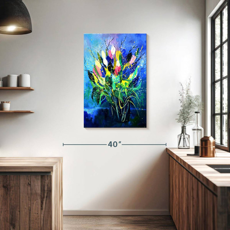 Avery tulipes sur fond bleu, H 36 po x l 24 po