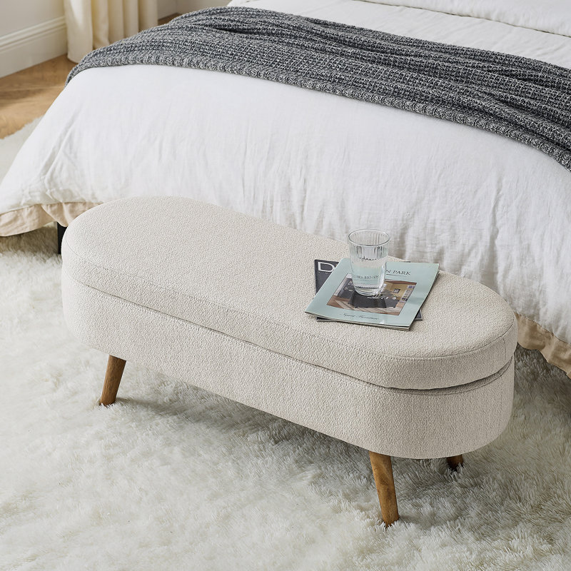Banc de rangement repose-pieds ovale avec pieds en bois d'hévéa, Beige