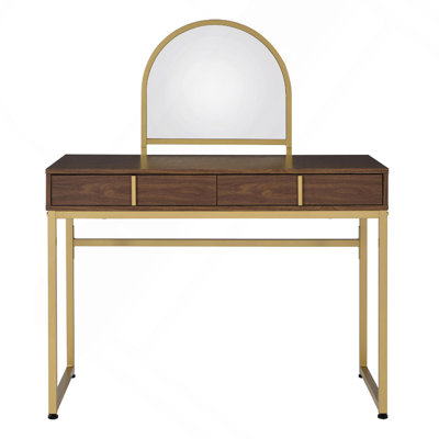 2 Drawers Vanity Desk With Mirror And Jewelry Tray, Walnut And Gold