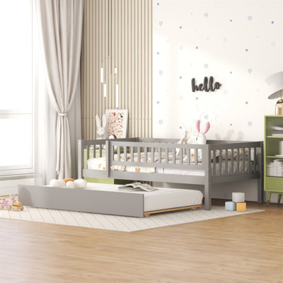 Twin Size Wood Daybed With Trundle And Fence Guardrails, Perfect For Safe And Comfortable Sleeping