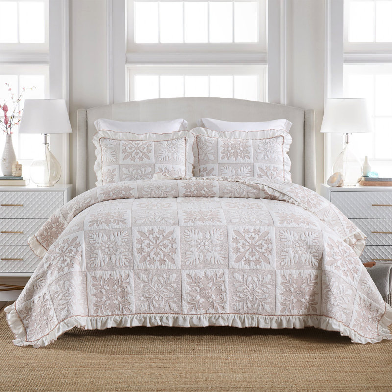 MarCielo 3 Piece Cotton Oversized Bedspread Set Coverlet Set Lightweight Quilt Set TJ, Beige Abstract