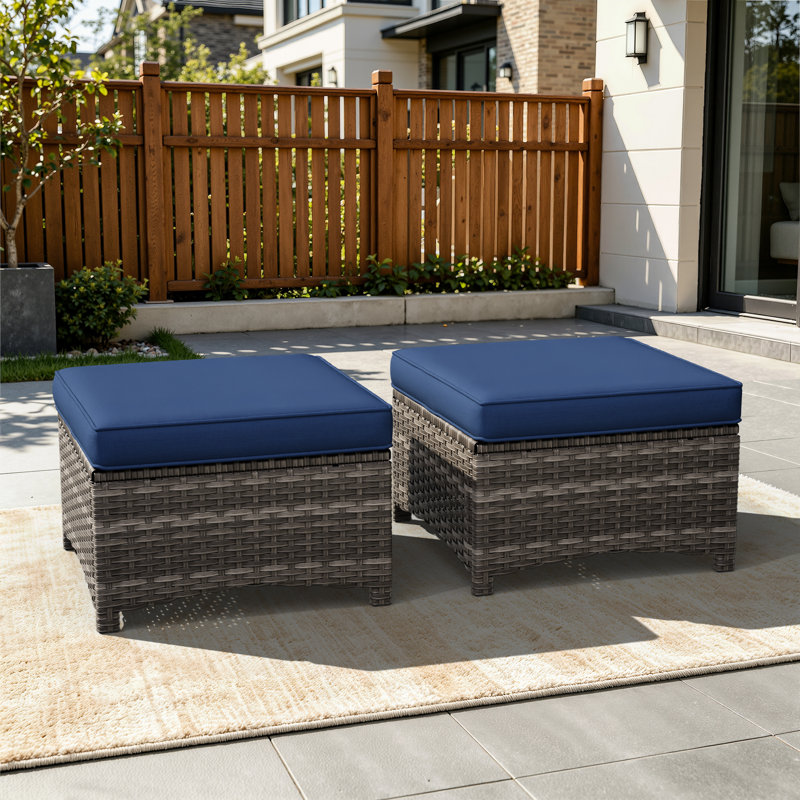 Meyly Upholstered Outdoor Ottoman, Blue