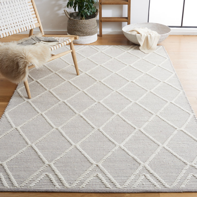 Tapis gris / ivoire en laine et coton tissé à la main Jacques, Rectangle 3 pi x 5 pi