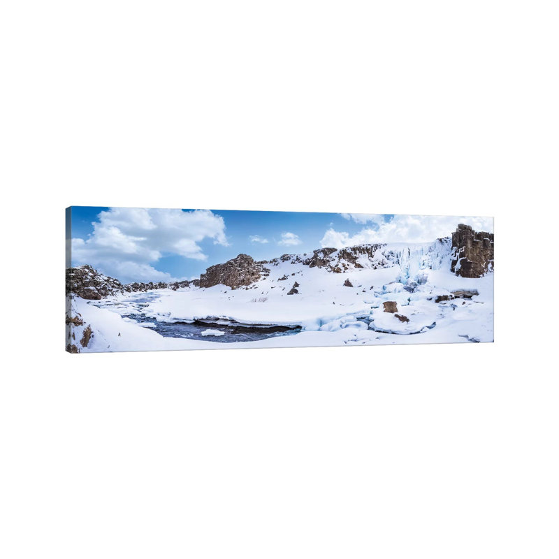 Iceland Oxararfoss In Winter | Panorama by Melanie Viola - Wrapped Canvas Panoramic Print