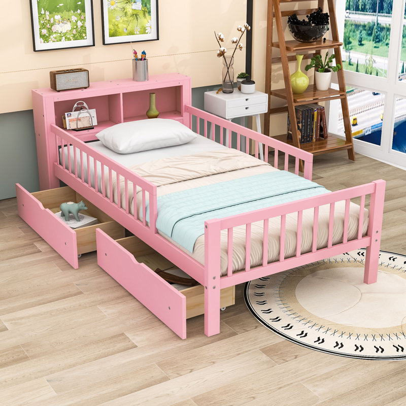 Lit simple avec tiroirs et tablettes de rangement, Rose
