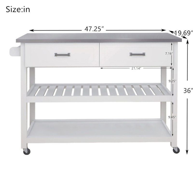 Chariot Kicthen blanc avec deux tiroirs et plateau en acier inoxydable