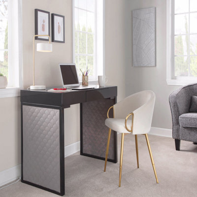 Upholstered Desk, Black Steel, Black Wood & Silver Velvet