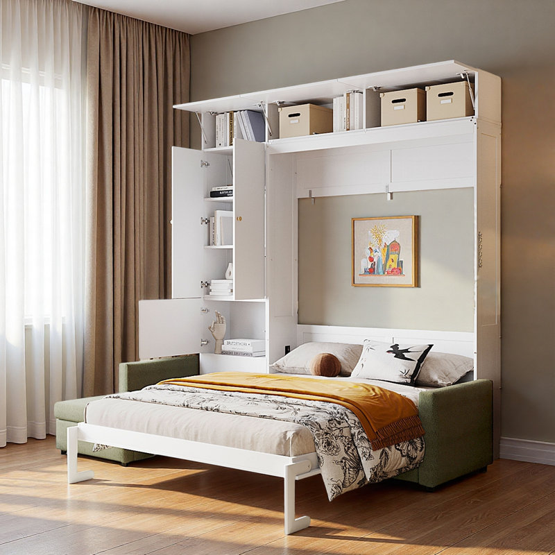Lit escamotable avec canapé et armoires de rangement Murphy, White/Green
