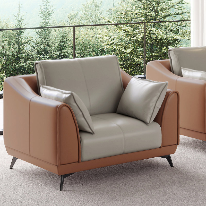 42" Elegant Faux Leather Sofa with Gray Cushions & Brown Frame,Modern Living Room Couch,Single Sleeper Sofa(1-Seat), 1