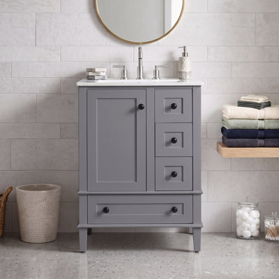Meuble-lavabo autoportant en bois massif de 24 po + panneau de fibres à densité moyenne avec lavabo intégré en céramique, meuble de salle de bain gris avec tablette à double couche, tiroirs et porte à fermeture en douceur