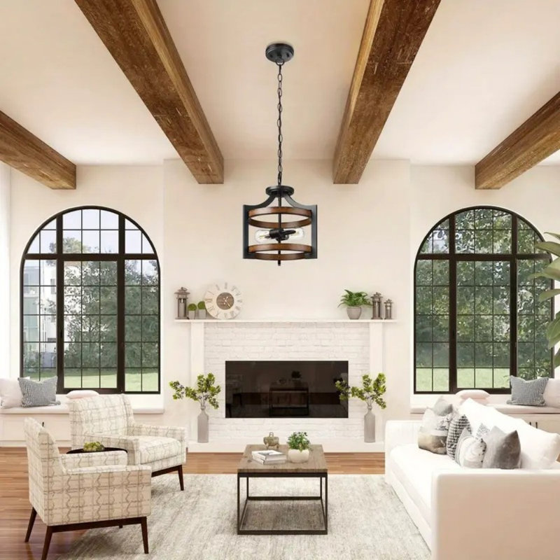 1Pack Semi Flush Mount Ceiling Light, Farmhouse Ceiling Light Fixture With Detachable Chain, Metal Wood Grain Finish, 2-Light Pendant Light Fixture