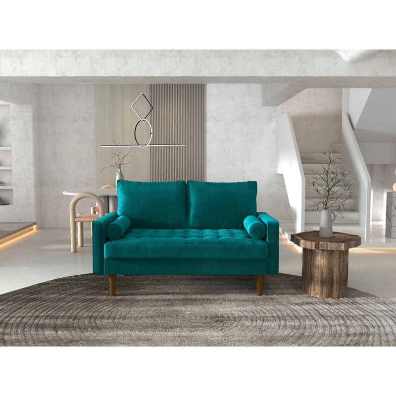 Causeuse à accoudoirs carrés 58 po Drus, Velours bleu sarcelle