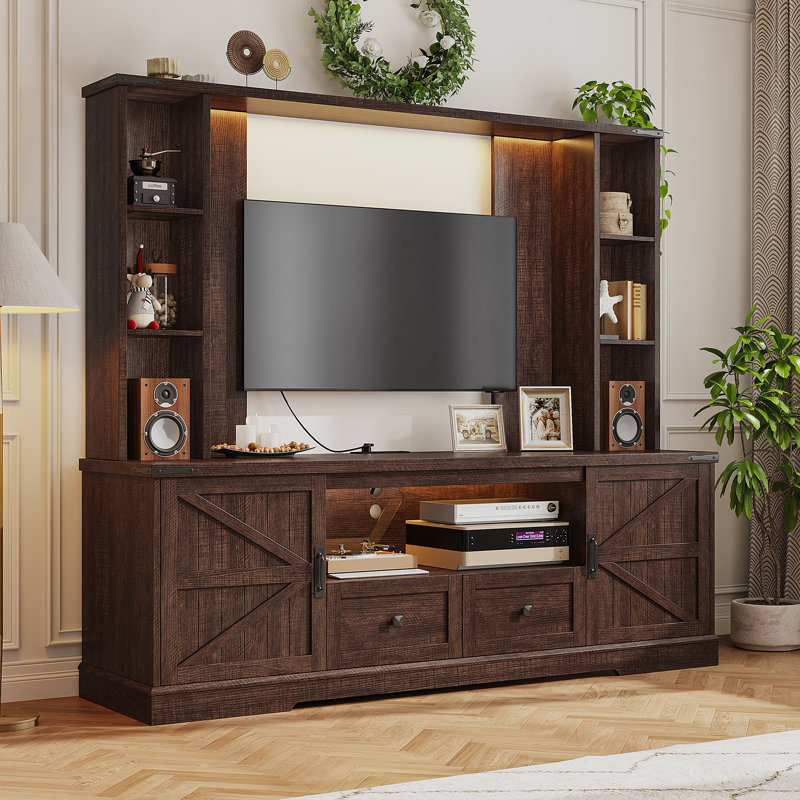 Farmhouse Entertainment Center, With 2 Led Lights, Power Outlets & Storage Shelf, Brown