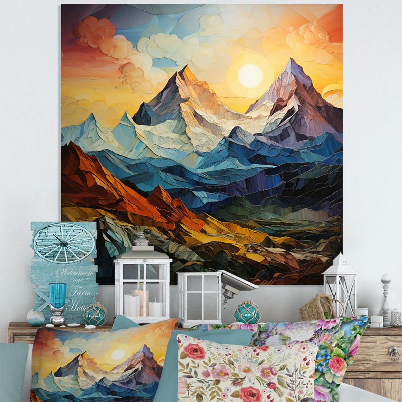 Montagnes jaunes et bleues, pics pointus - reproductions d'art murales abstraites en métal, H 29 po x l 29 po x P 1 po