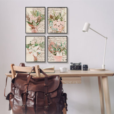 «Quaint Pink Flowers Green Leaves Vintage Brown Script» par Melissa Wang - ensemble de 4 impressions