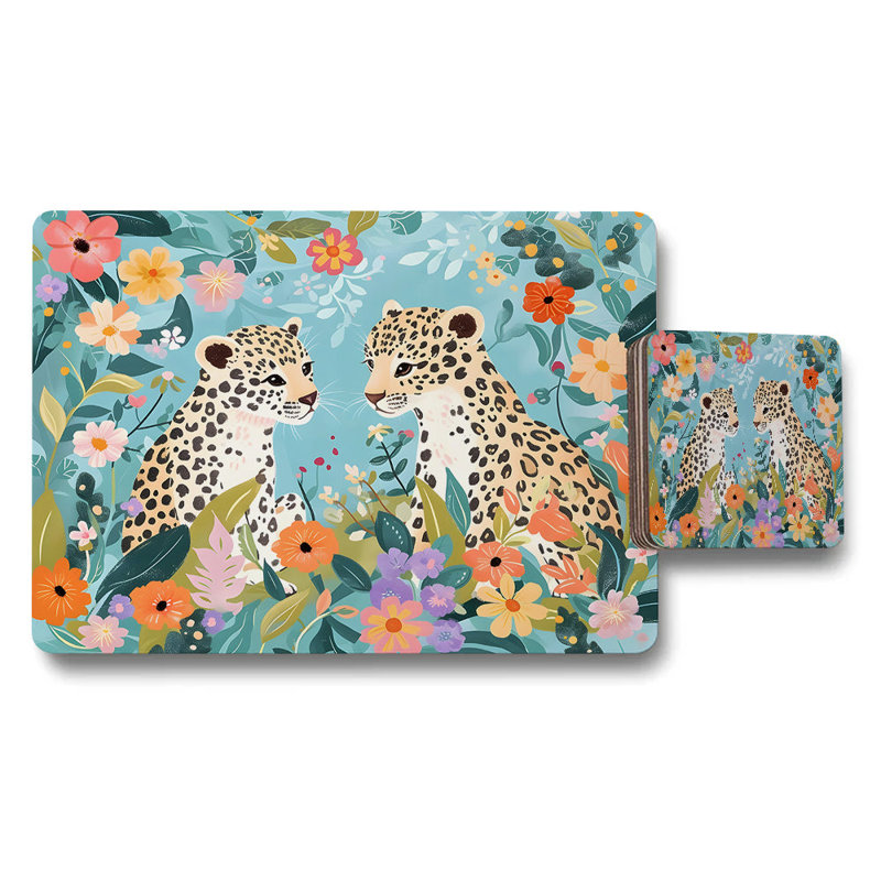 Leopard Print Placemats And Coaster Set With Floral Jungle Design