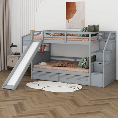 Twin Over Twin Bunk Bed With Stairs, Slide, Desk, Solid Wood Bunk Bed With Storage Drawers And Shelves, For Kids Teens Adults -  Harriet Bee, D8F140B20D254C5BA0A4AB193E73E661
