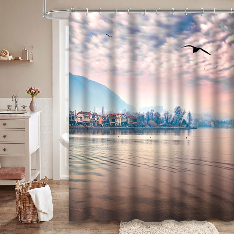 City Sunset Red Orange Sky Lake Shower Curtain with 12 Hooks, 72" L x 72" W
