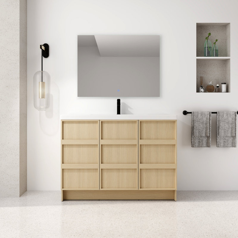 Meuble-lavabo autoportant de 48 po avec lavabo en résine et 3 portes d'armoire à fermeture en douceur, contreplaqué (KD-PACKING)