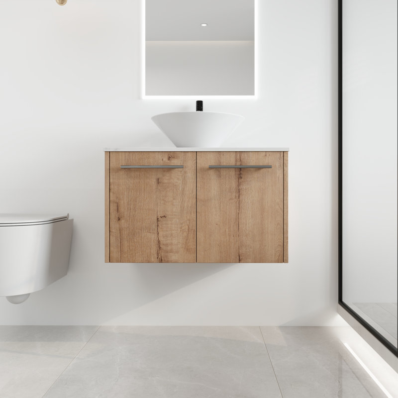 Rarnby 30" Single Sink Wall Mounted Bathroom Vanity, Floating Vanity with 2 Doors, White Ceramic Sink, 30", Conical