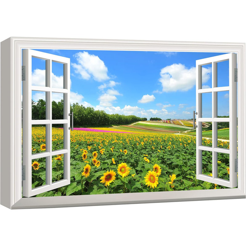 Vue de la fenêtre d'un champ de tournesols de style hollandais, H 16 po x l 24 po