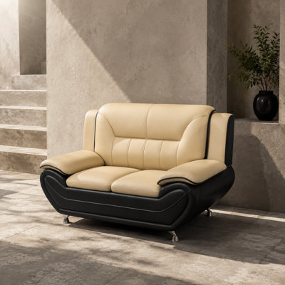 Contemporary Camel and Black Bonded Faux Leather Couch with Cushioned Armrests and Stainless Steel Legs for Living Room or Apartment