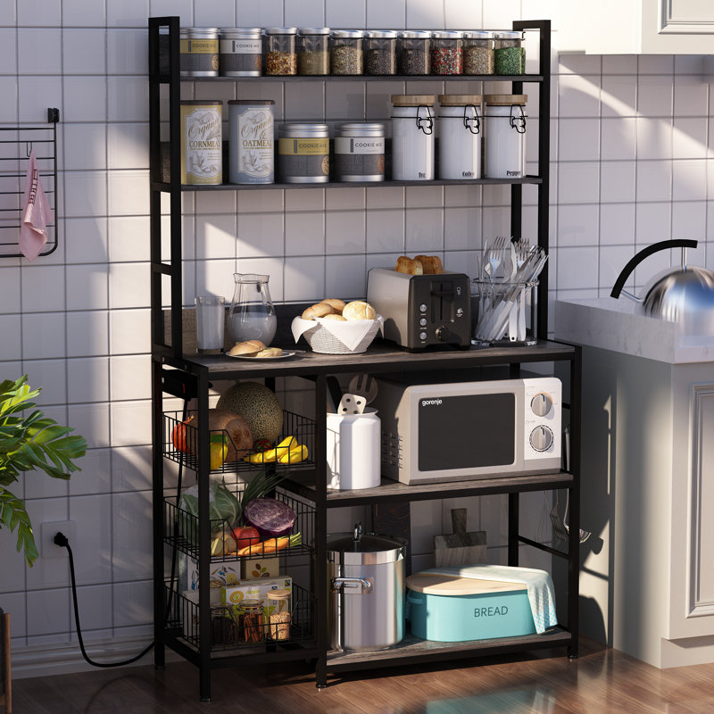 Kitchen Bakers Rack With 3 Wire Baskets And Power Outlets, Microwave Shelf Rack, Grey
