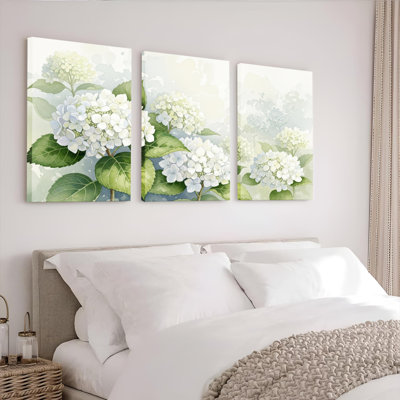 White Hydrangea Floral Canvas Wrapped Wall Art (Set of 3)
