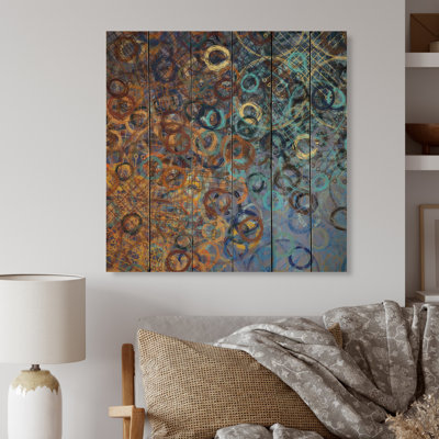 Art en cercle brun et bleu - peinture sur bois sans cadre