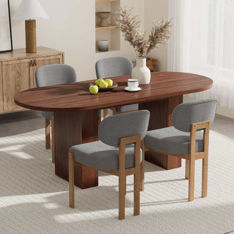 Ensemble de table de cuisine ovale à double piédestal, Noyer, 5 pièces: table, 4 chaises, Gris
