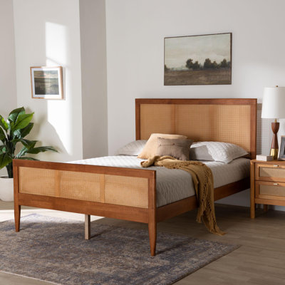 Baxton Studio Walthard Mid-Century Light Walnut Queen Platform Bed With Woven Rattan