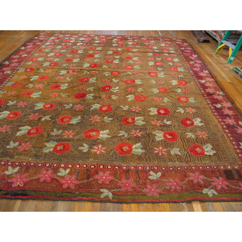 Antique Large Size American Folk Art Rose Pattern Hooked Rug