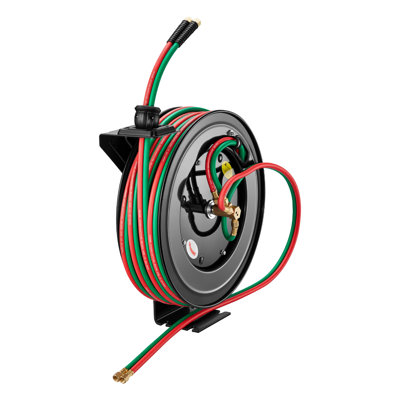 Enrouleur de tuyau de soudage rétractable, tuyau double oxygène-acétylène en caoutchouc 1/4 po x 100 pi, pression maximale 300 PSI - Qualité R, montage plafond/mur, enrouleur en acier robuste à rembobinage automatique, idéal pour les ateliers et les garages.
