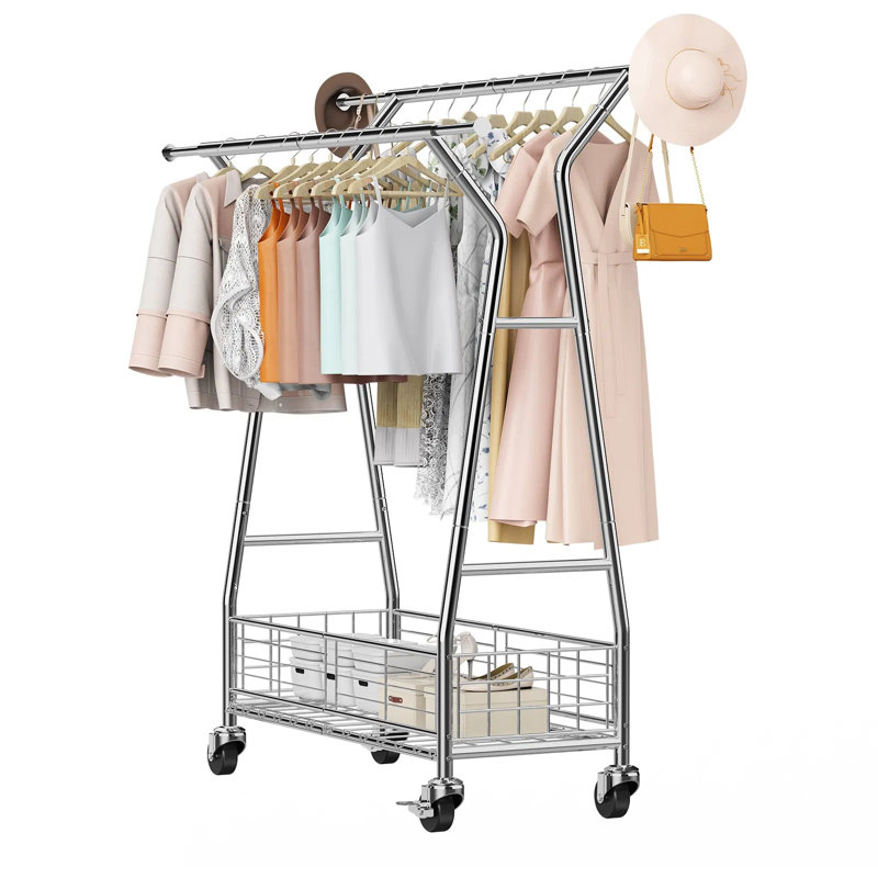 Portant à vêtements roulant avec 2 tiges de suspension et panier de rangement - capacité de 330 lb, support à vêtements extensible en acier au carbone, roues verrouillables pour la chambre à coucher, la buanderie et le salon