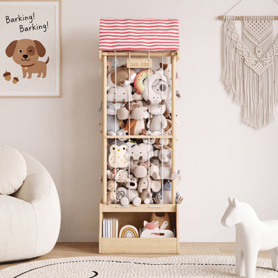 Tour de rangement 2 en 1 en bois massif pour peluches, avec toit en forme de maison, organisateur de jouets peu encombrant avec base cubique robuste pour salle de jeux, chambre d'enfant ou chambre à coucher
