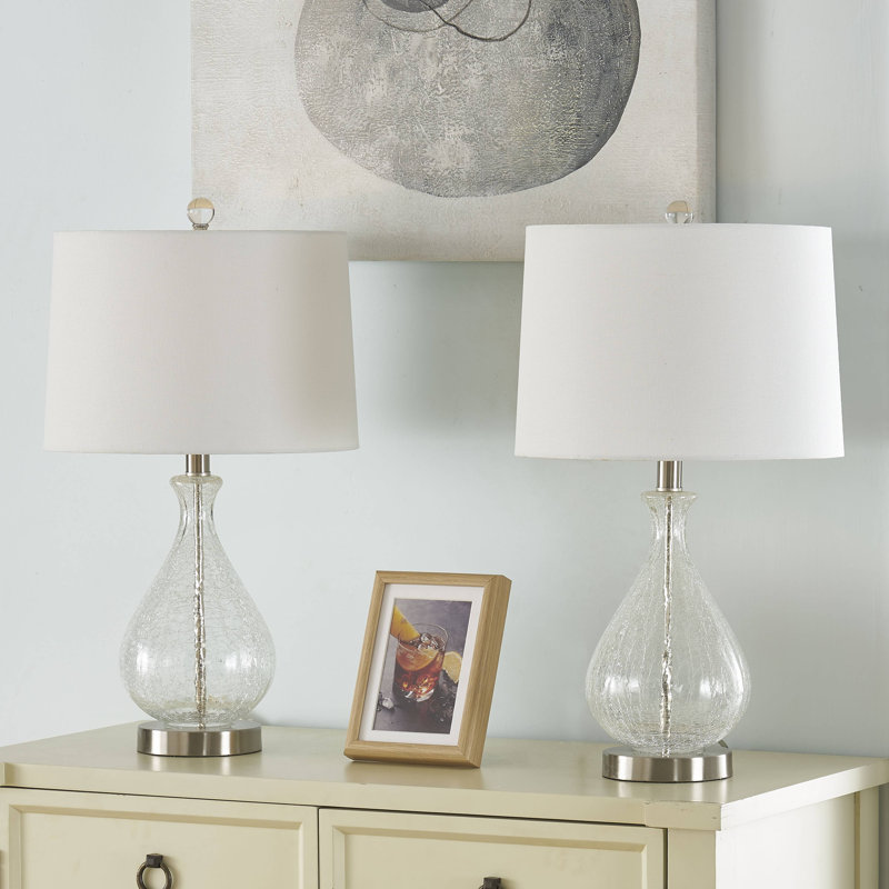 Belmonte 23" Modern Clear Water Glass Table Lamp with White Linen Shade and Polished Nickel Base, Clear