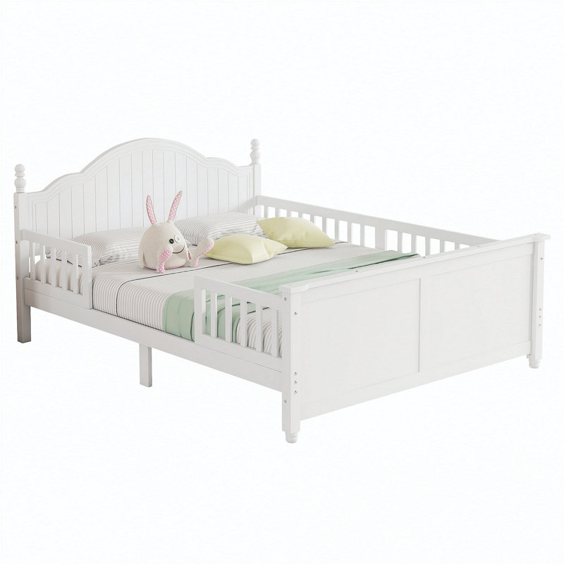 Lit double pour enfants, lit plateforme double en bois avec tête et pied de lit, blanc, Full, White