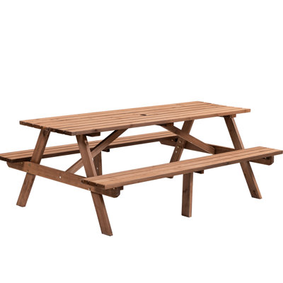 8 Person Outdoor Picnic Table, Brown Wooden With 2 Seats And Built-In Benches, 2220Lb Capacity Wood