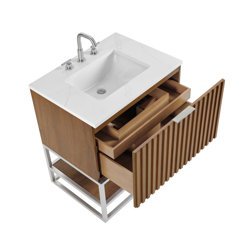 Terra 30'' Single Bathroom Vanity with Top, Walnut, Carrara Marble/Single Faucet Mount, Matte Black