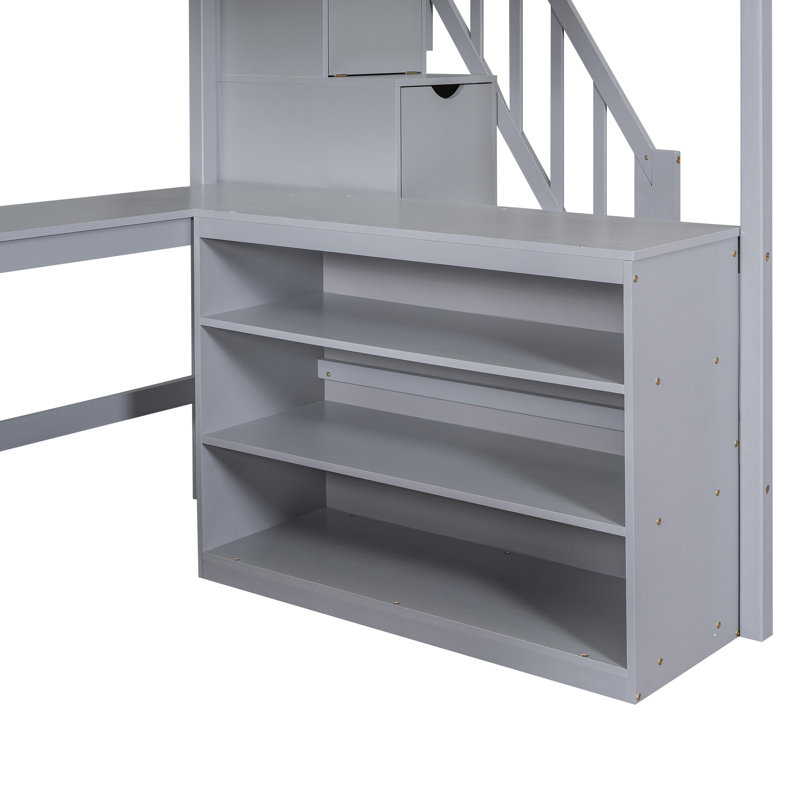 Ennie Full Loft Bed with Built-in Desk and Bookcase, Gray